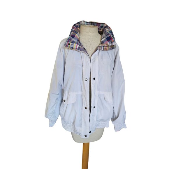 vintage IZZI 1985 Reversible Jacket‎ size Medium snap button rain hood plaid wht - Picture 4 of 16
